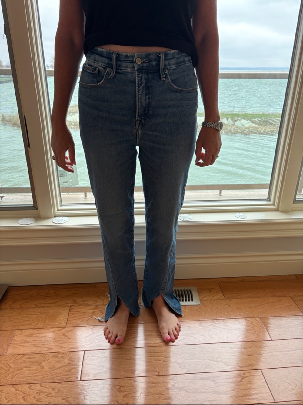 Good American Distressed Blue Straight Leg Jeans